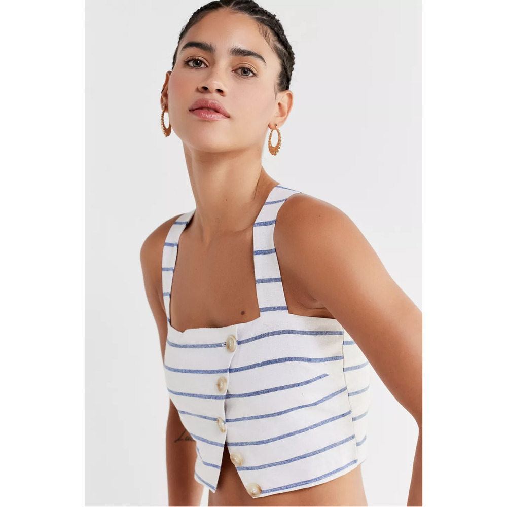 UO Lucca Couture Emory Striped Button-Down Cotton + Linen Cropped Top